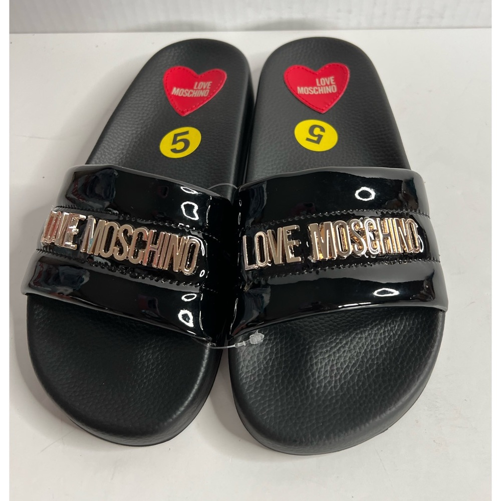 Love Moschino Black Patent Slides Sandals with gold hardware